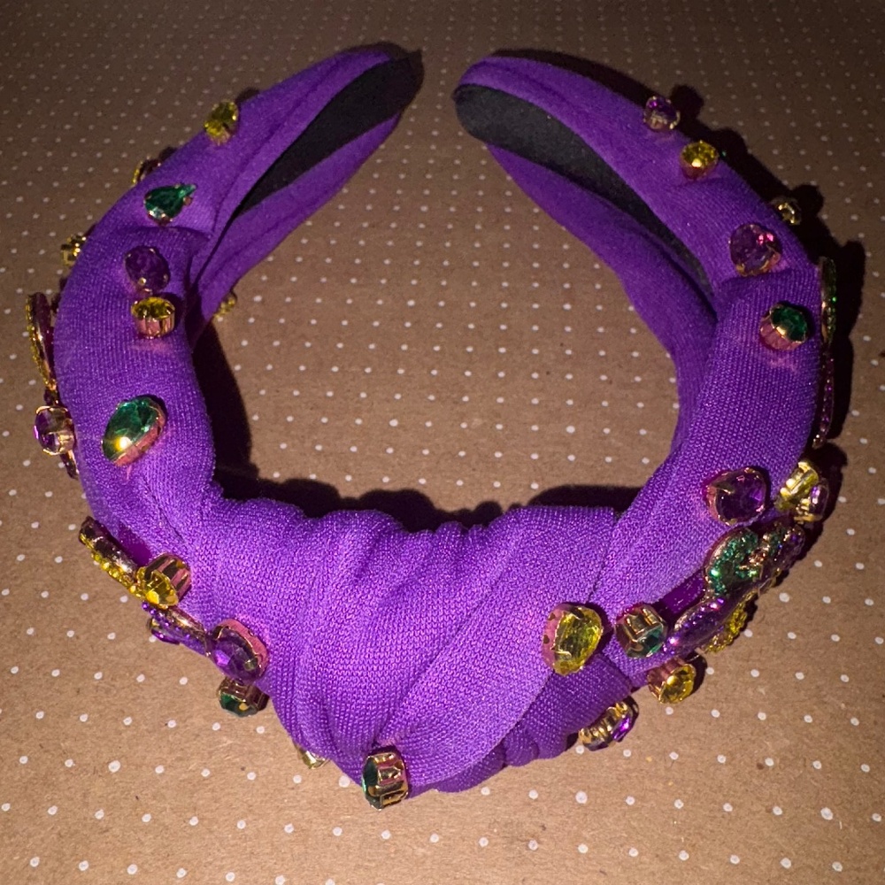 Mardi Gras Fleur De Lis Crown Mask Headband for Women - Purple Jeweled Rhineston